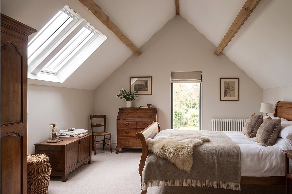 Barroncroft Road, Woolton: vaulted bedroom in the new upper storey, with oak trusses and rooflights