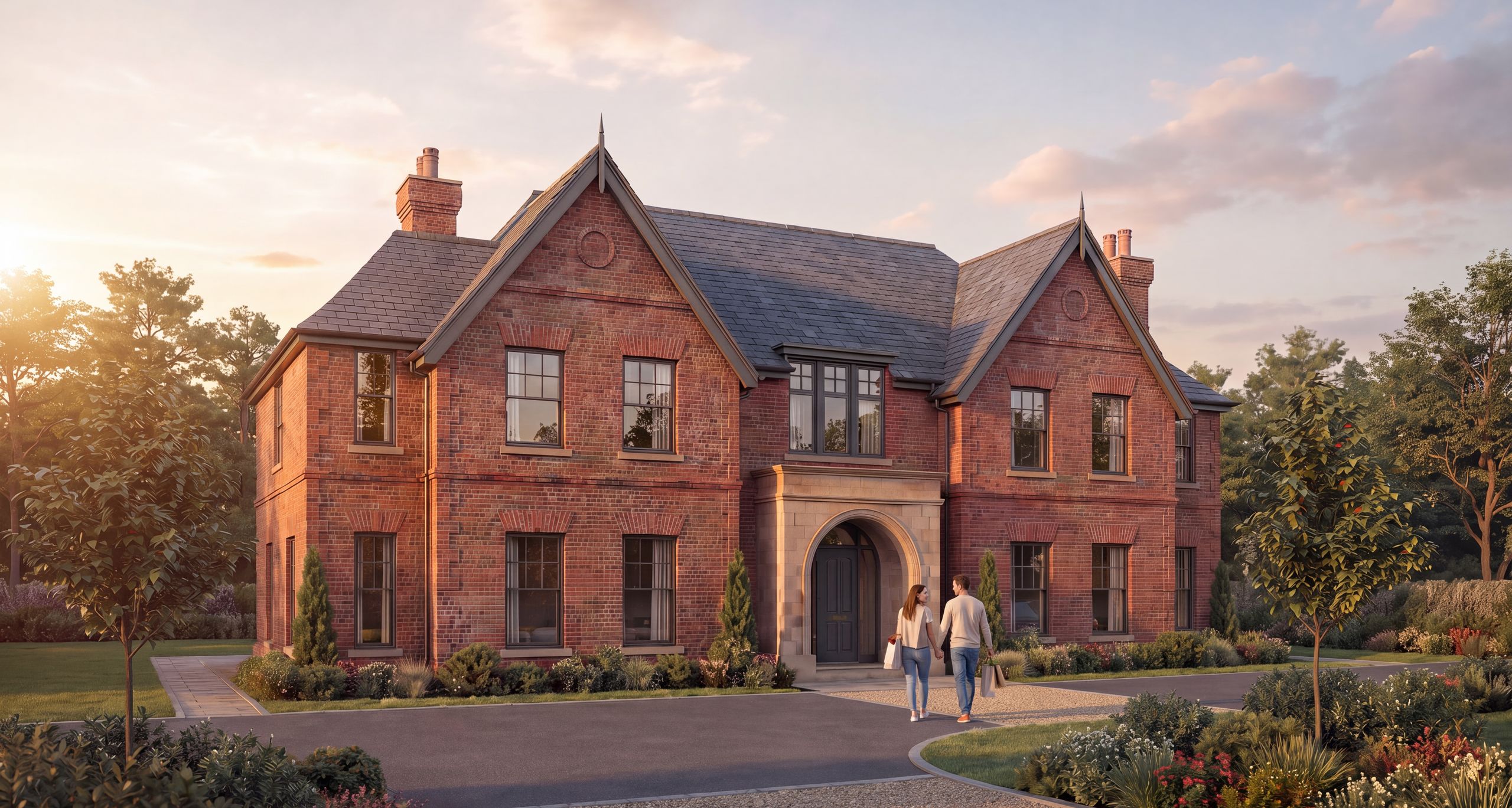 Beaconsfield replacement dwelling: front elevation with stone arched porch, a couple arriving home along the driveway