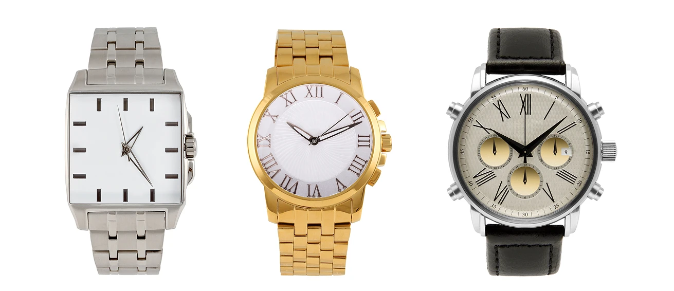 Three luxury watches: a square steel watch, a gold watch with Roman numerals and a chronograph on a black leather strap