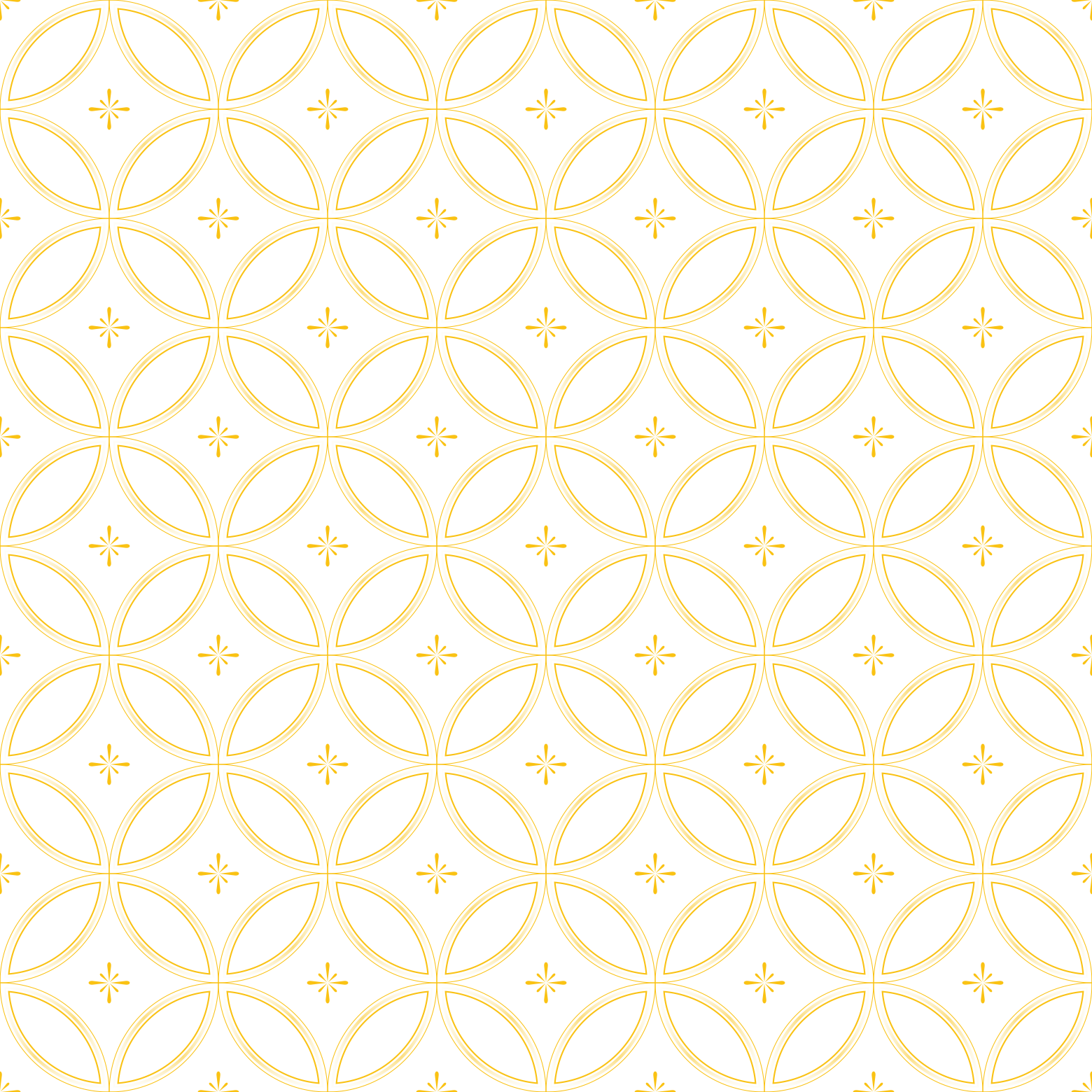 Seamless pattern of overlapping golden yellow elliptical shapes arranged in circular clusters on a white background, with small spark-like stars between clusters.