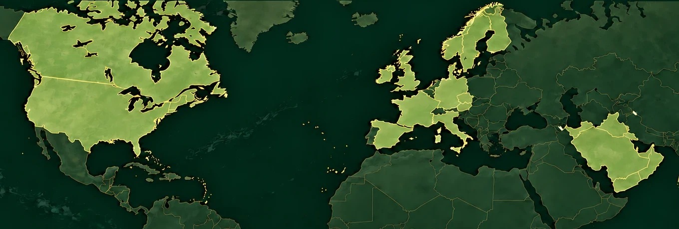 Map of Falls Bridge Capital coverage regions across North America, Europe and the Middle East