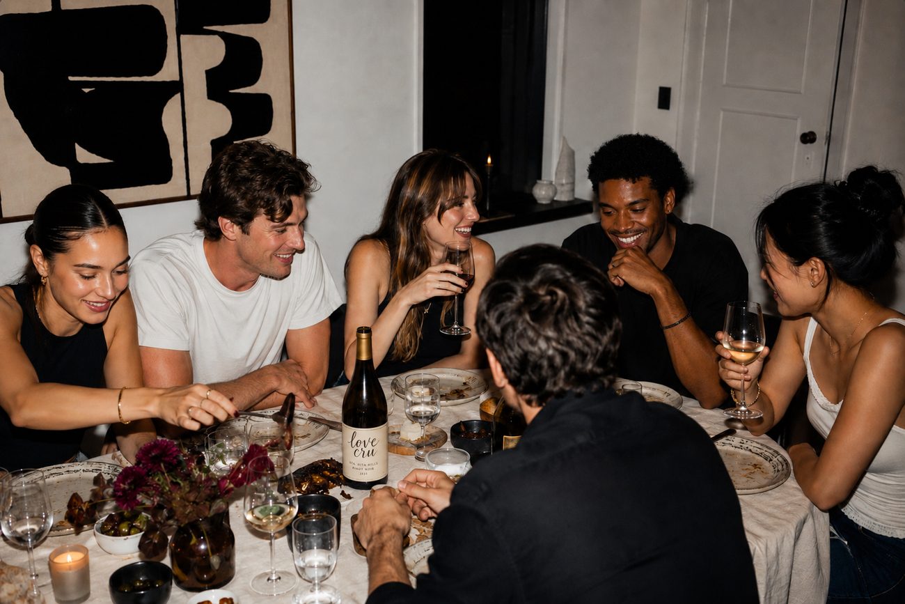 Friends sharing wine and dinner around a candlelit table.