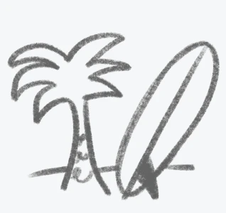 Simple black sketch of a palm tree and a surfboard leaning against it on a beach.