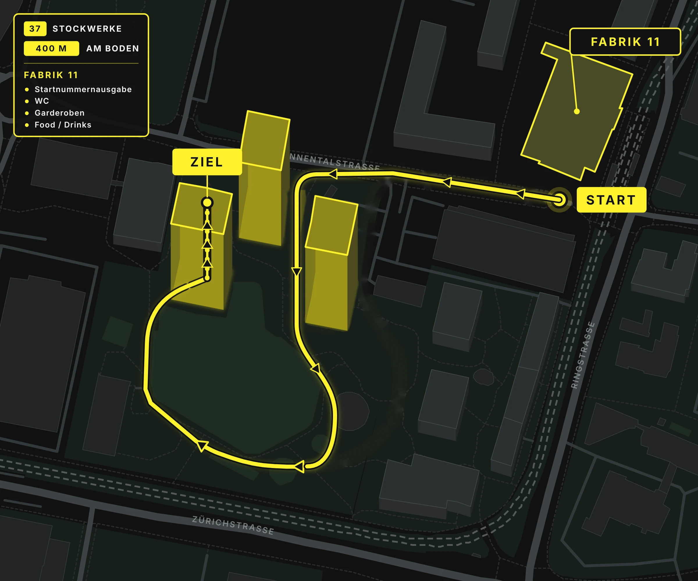 Streckenplan des Three Point Tower Run in Dübendorf: rund 400 Meter am Boden bis zum Turm, danach 37 Stockwerke bis zum Ziel