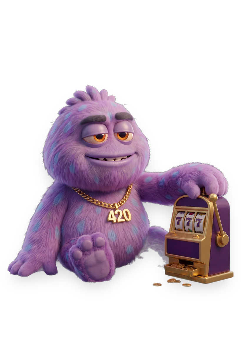 Pluffy next to a golden slot machine