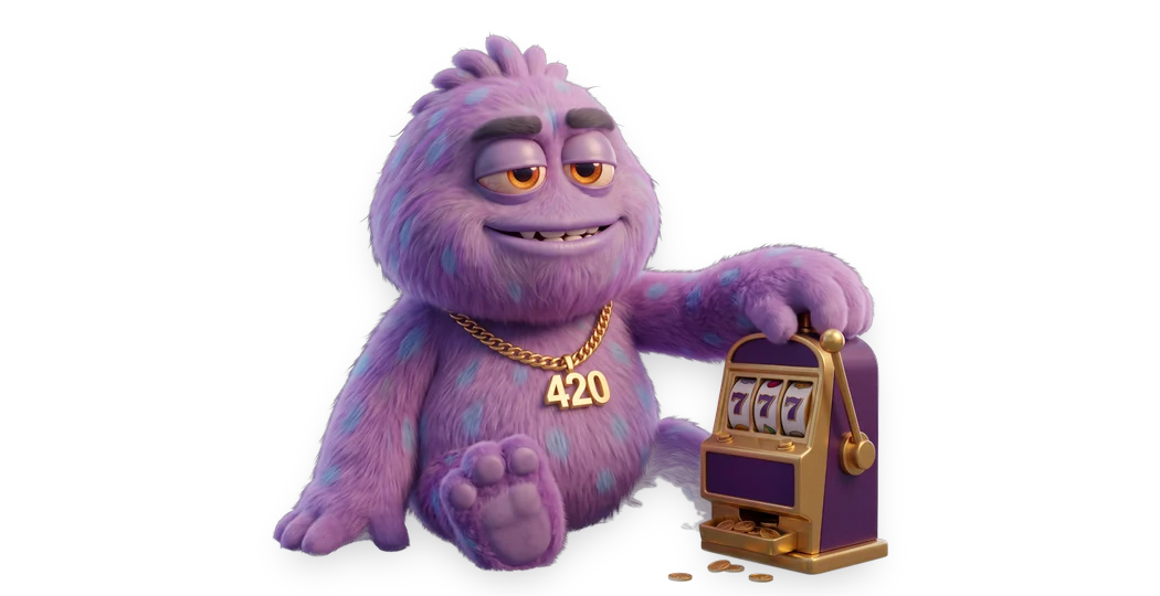 Pluffy next to a golden slot machine