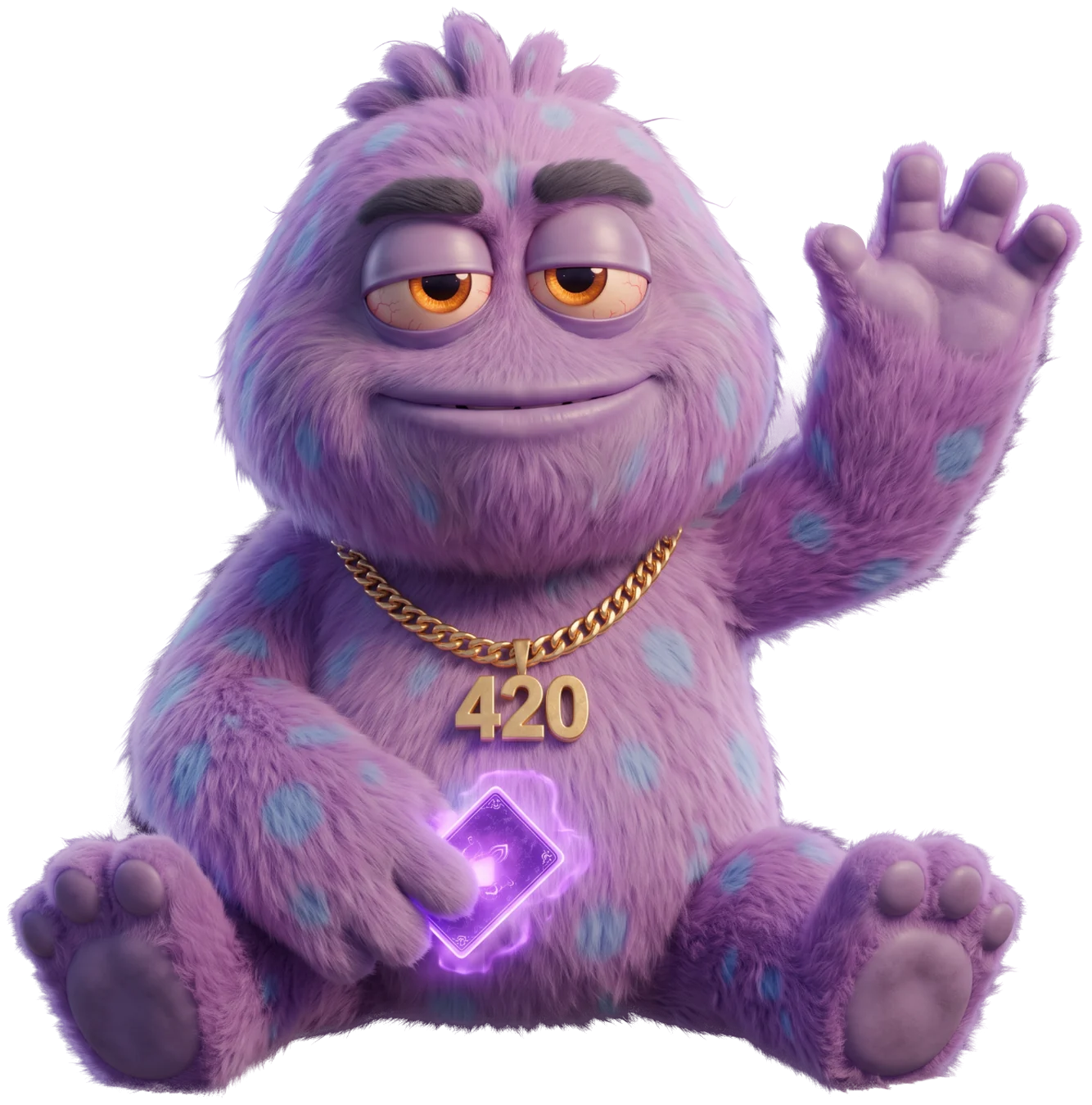 Pluffy, a purple furry character with sleepy eyes and a gold 420 chain, waving