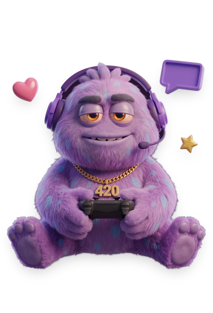Pluffy wearing a headset and holding a game controller