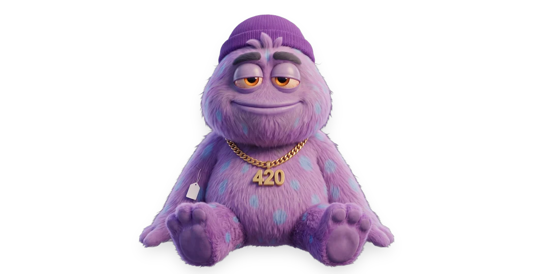 Pluffy plush toy with a beanie and a price tag