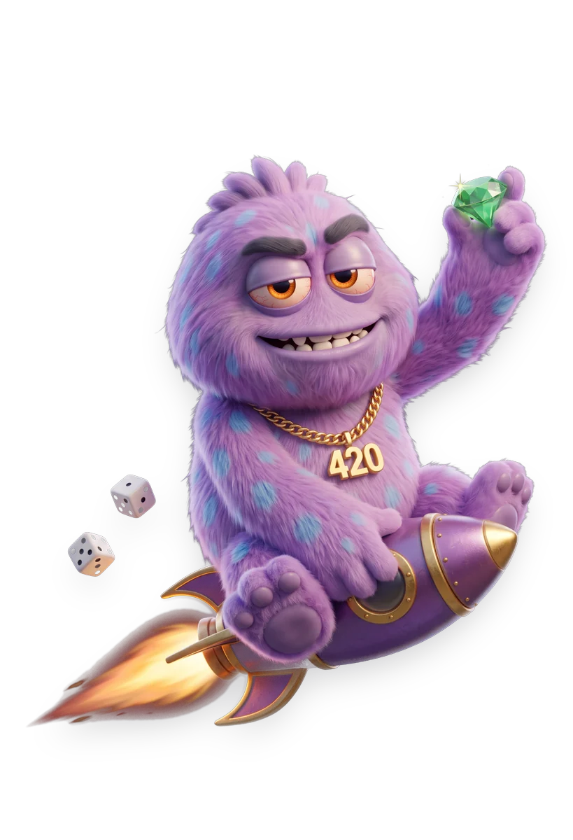 Pluffy riding a rocket and holding a green gem