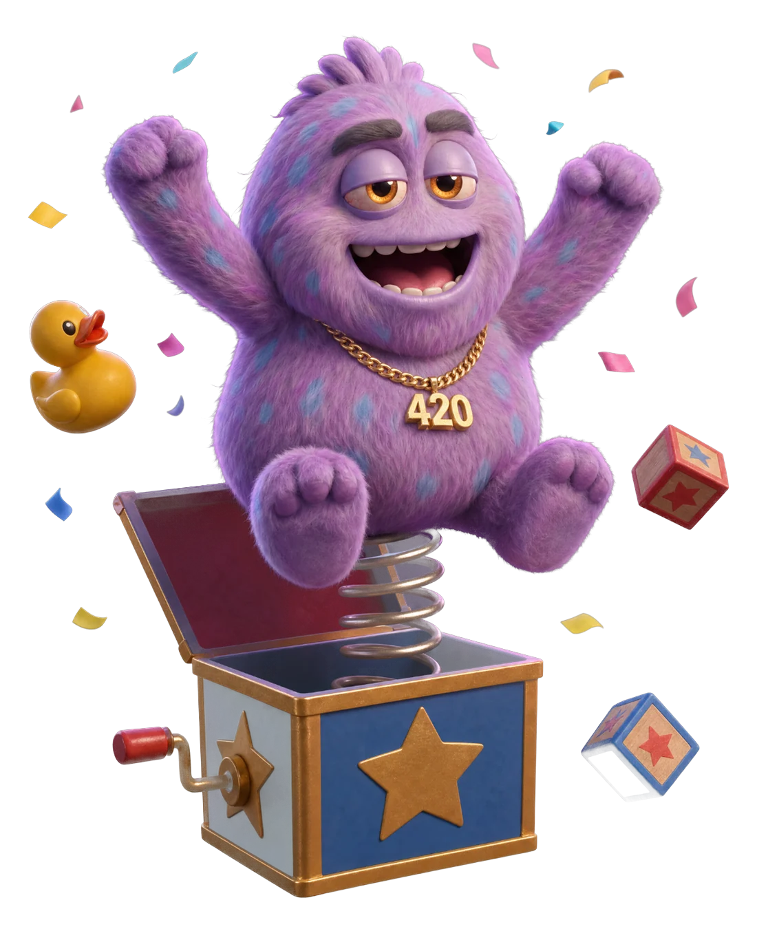 Pluffy popping out of a jack-in-the-box with confetti