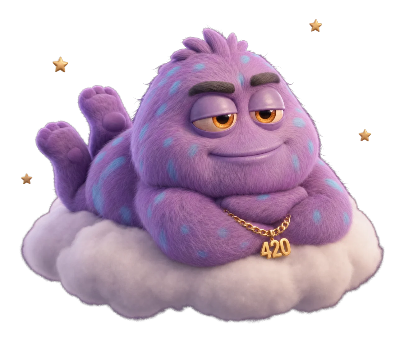 Pluffy lying on a cloud with gold stars