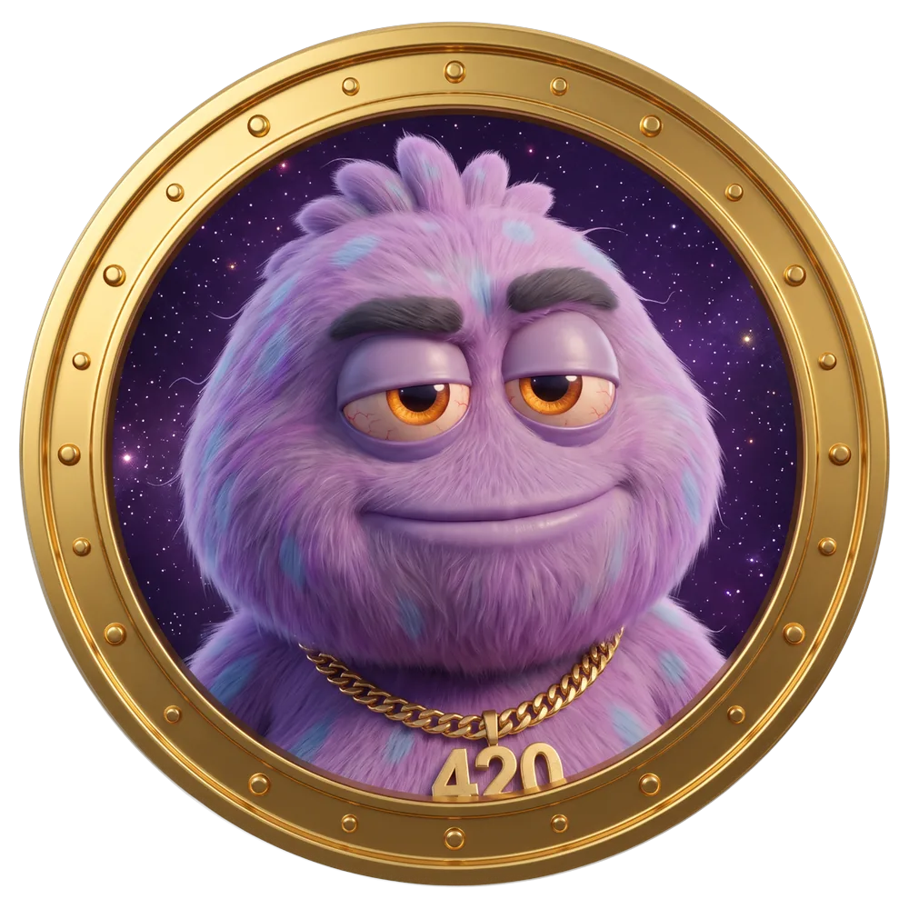 Pluffy, the purple Pluffy Games mascot, on a gold coin