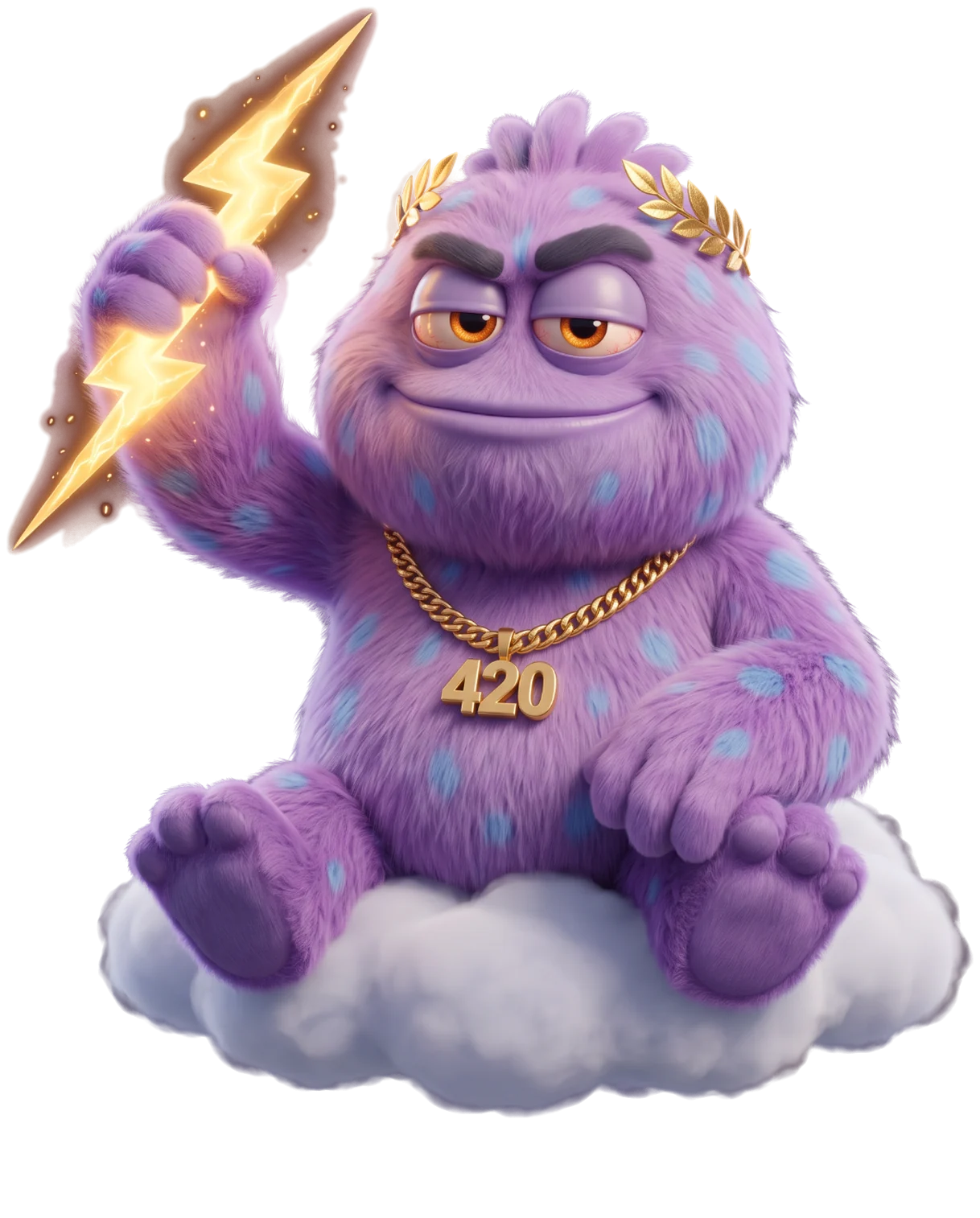 Pluffy wearing a golden laurel wreath and holding a lightning bolt