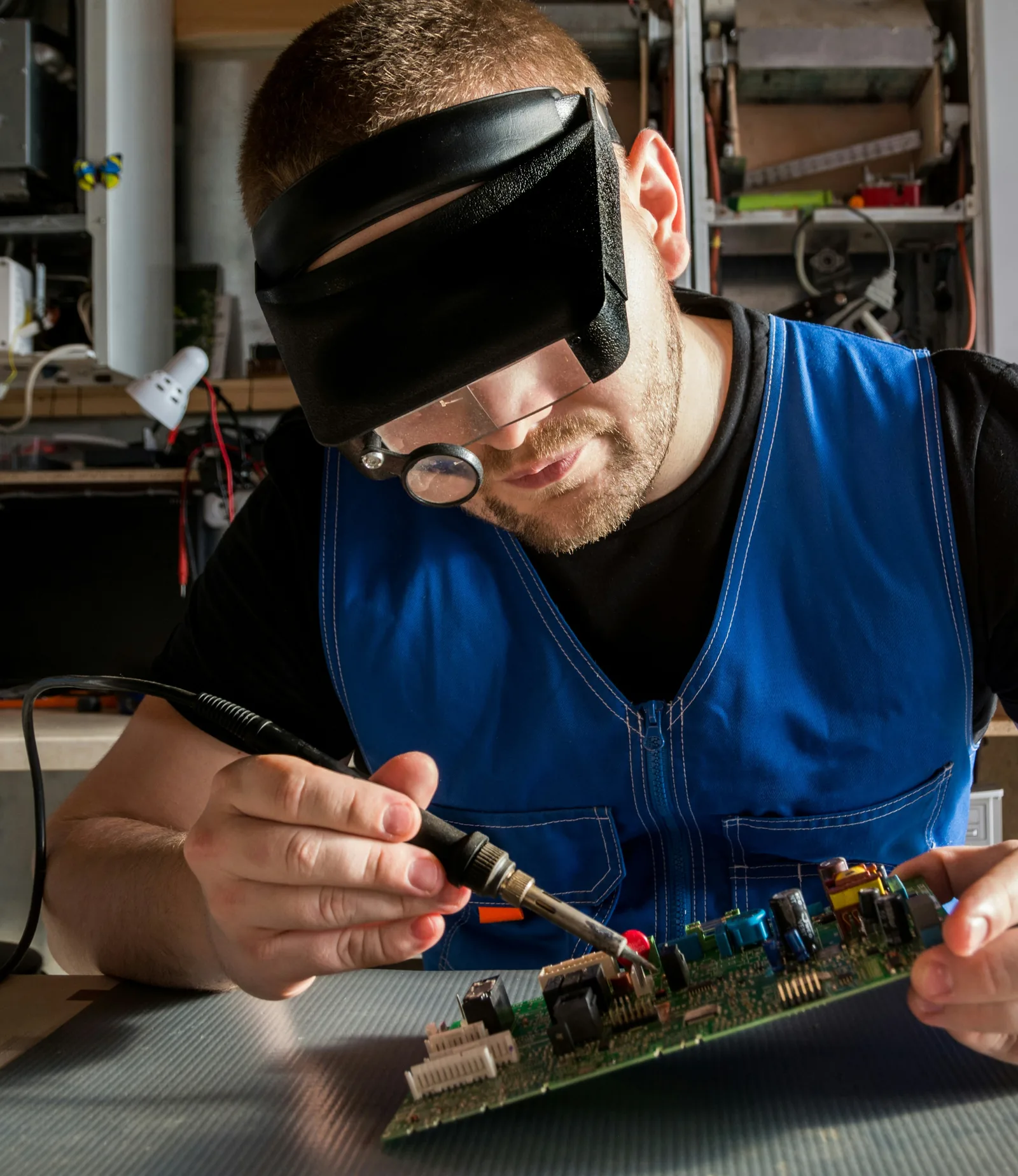 Technicien soudant un composant sur une carte électronique