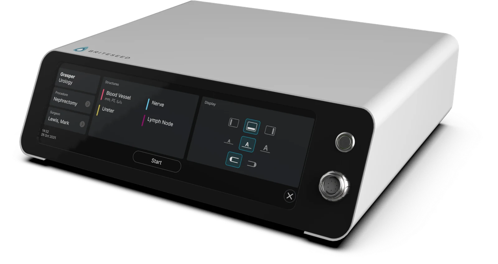 Briteseed Edge Processing Unit touchscreen listing blood vessel, ureter, nerve and lymph node