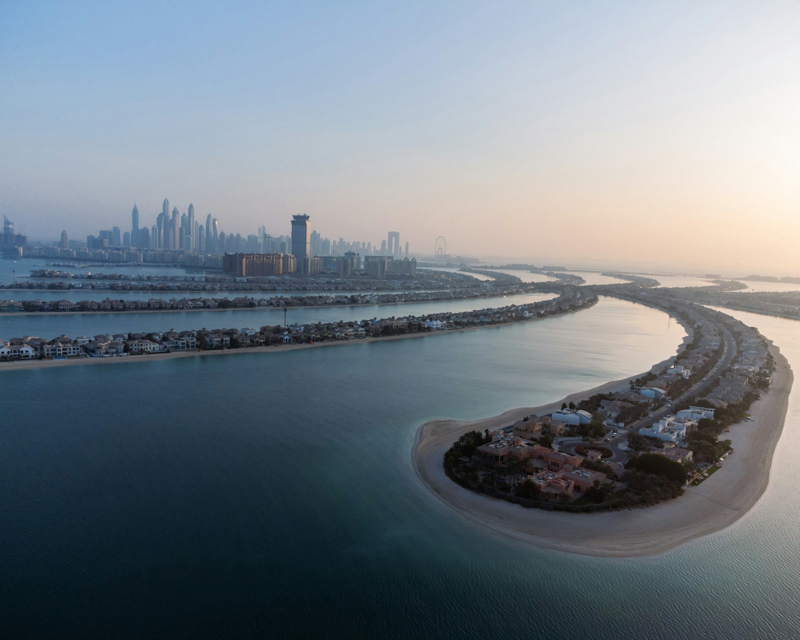 Palm Jumeirah coastline at sunset