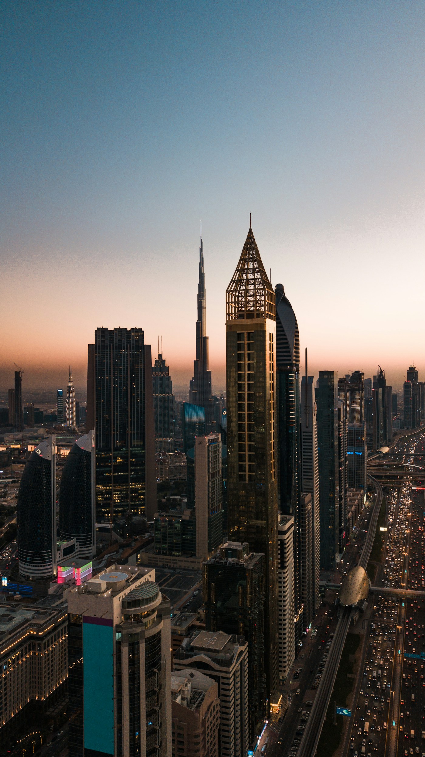 Dubai skyline under a blue sky