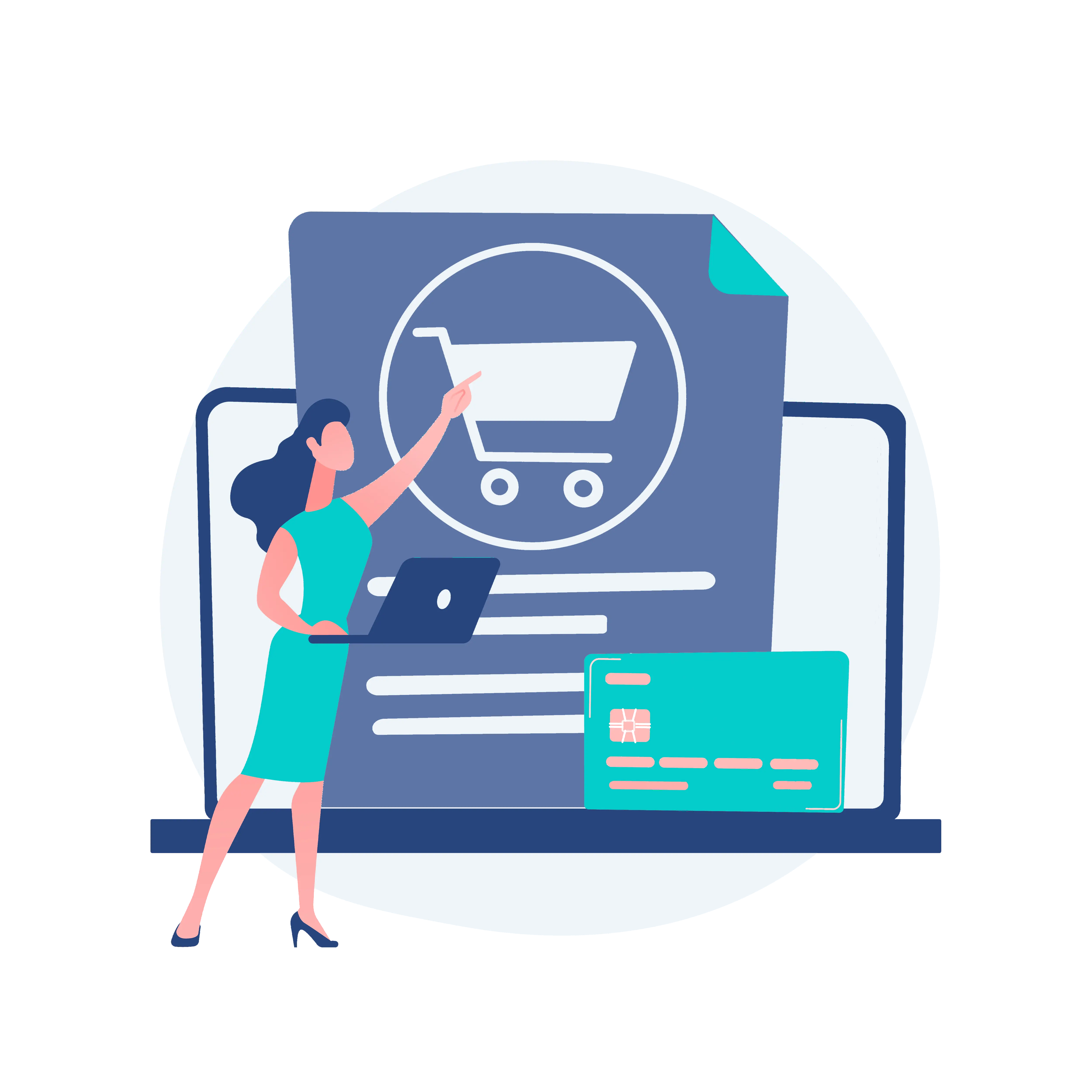 Illustration d'une femme qui analyse un site e-commerce