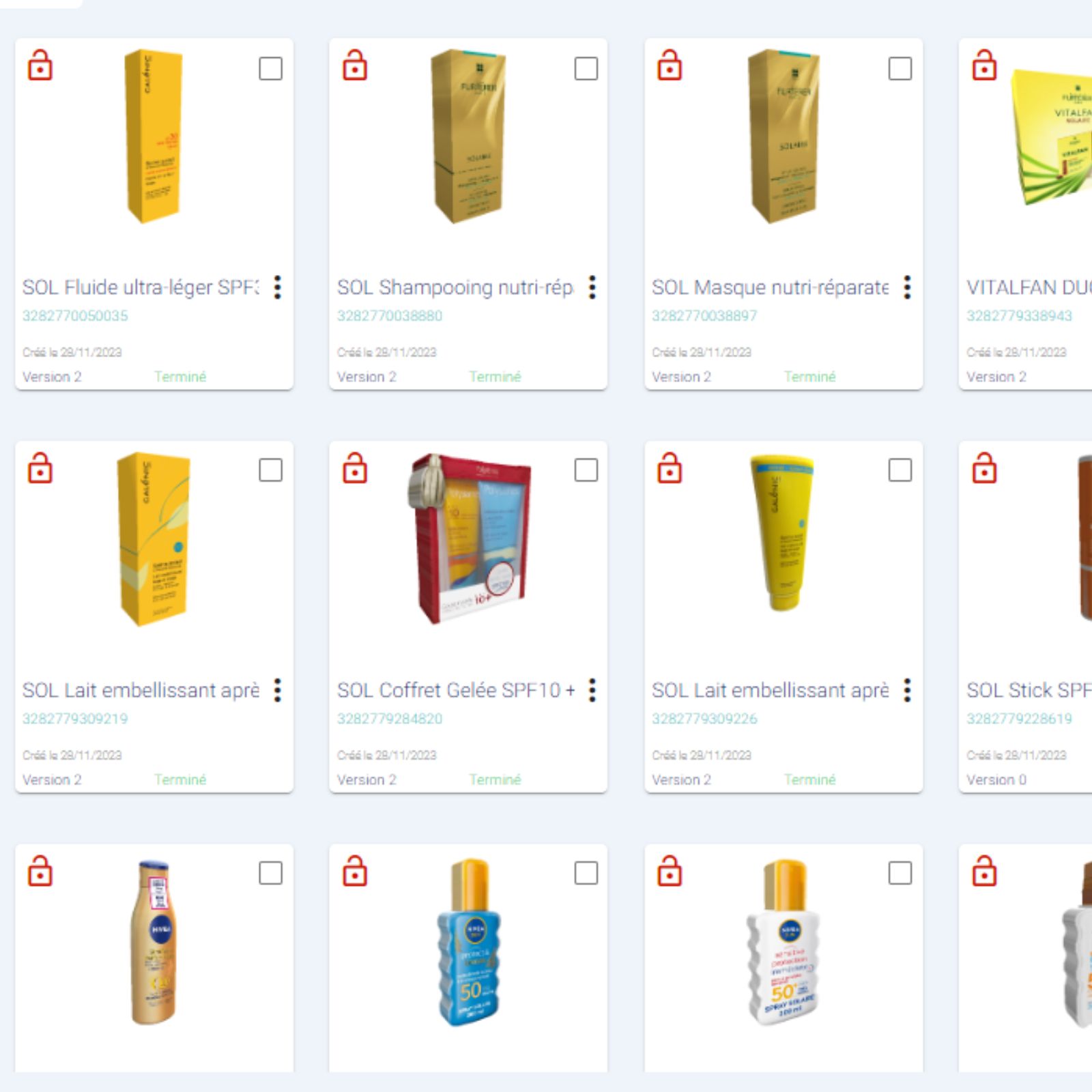 Liste de produits de soins en VR