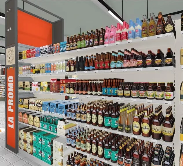 Rayon bières modélisé en 3D avec une colonne promotionnelle