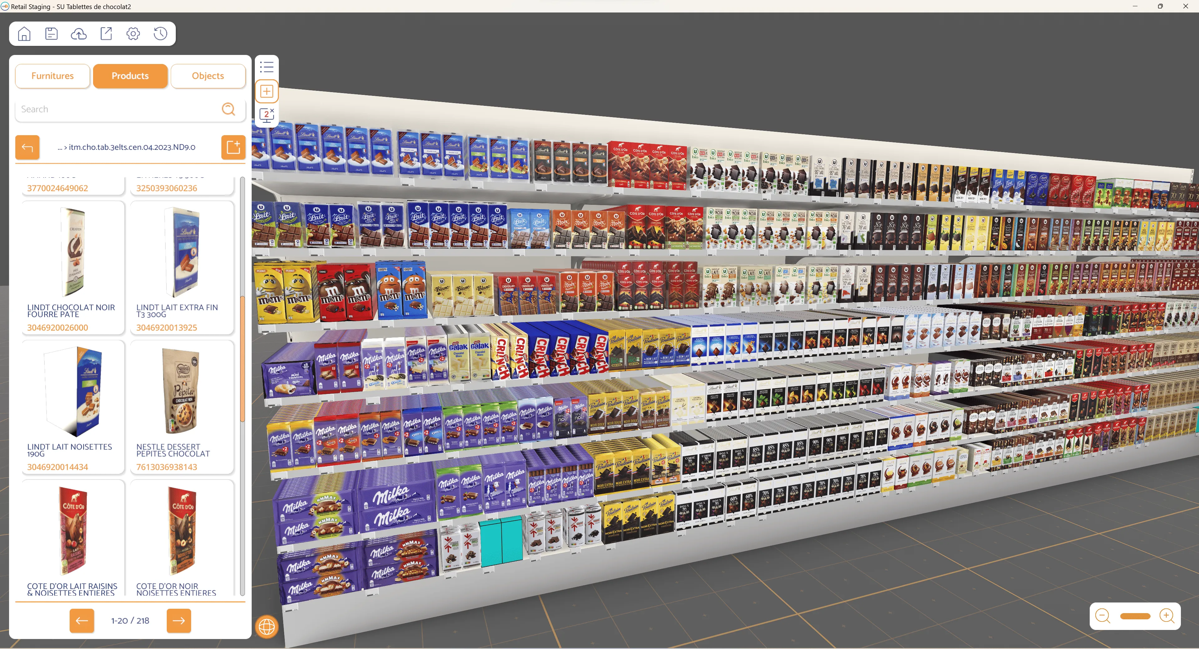 Planogramme 3D de chocolats construit dans Retail VR Planogram Studio