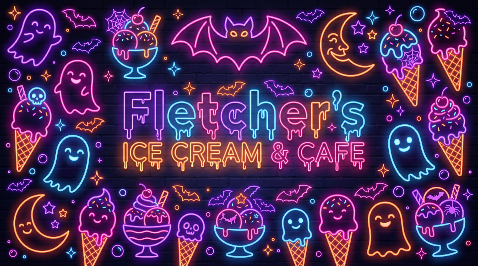 Neon Halloween artwork with smiling ghosts, bats, moons and ice cream cones around the Fletcher's Ice Cream & Cafe sign