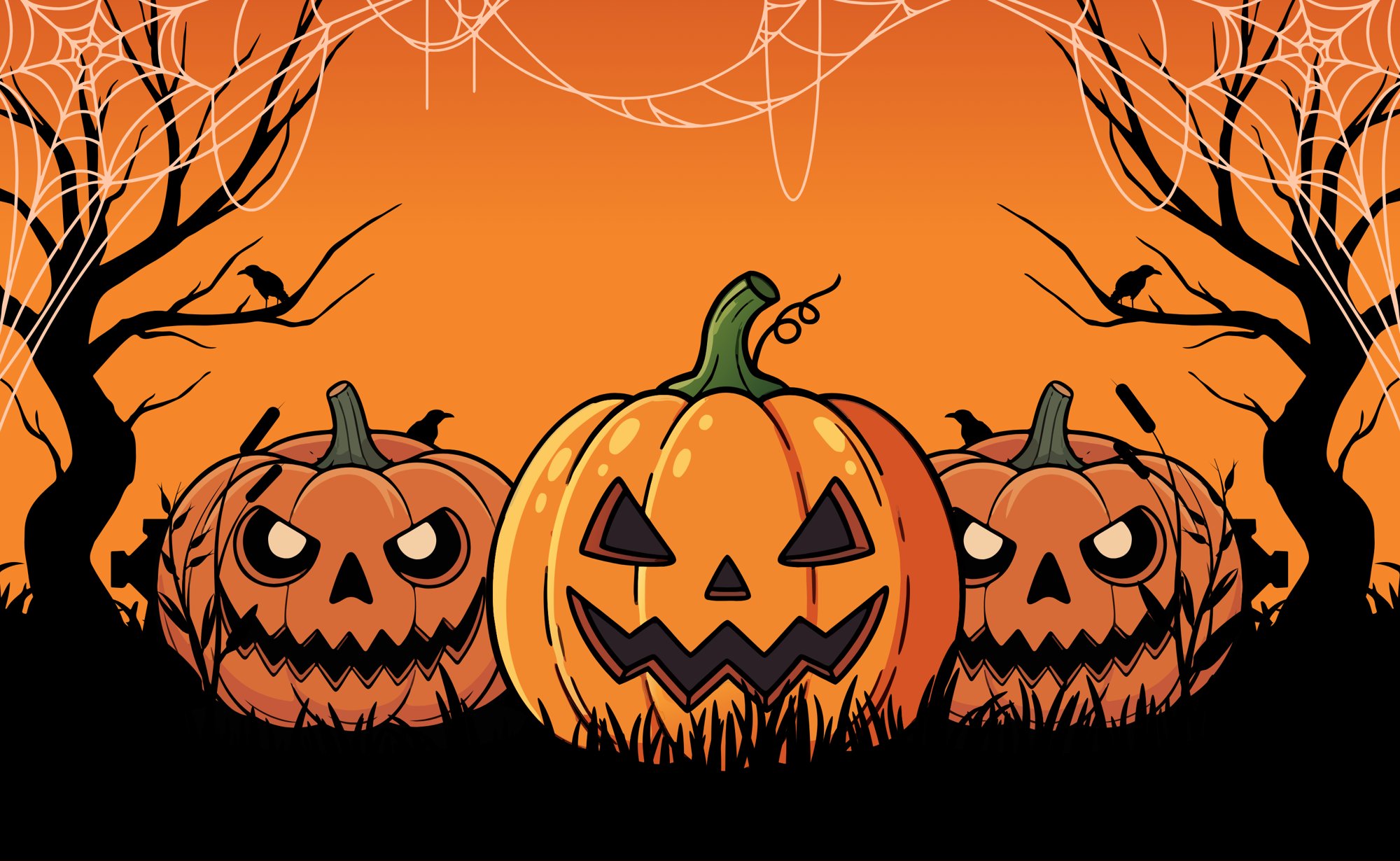 Three jack-o'-lanterns among bare trees and spider webs on an orange Halloween background