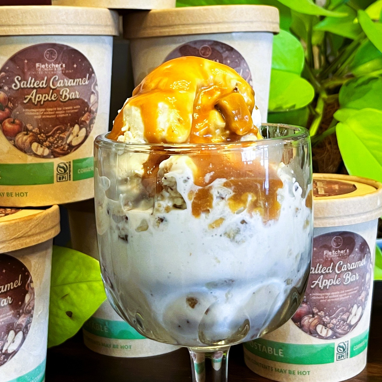 Fletcher's Salted Caramel Apple Bar signature pint, honey crisp apple ice cream with salted apple caramel and streusel crunch