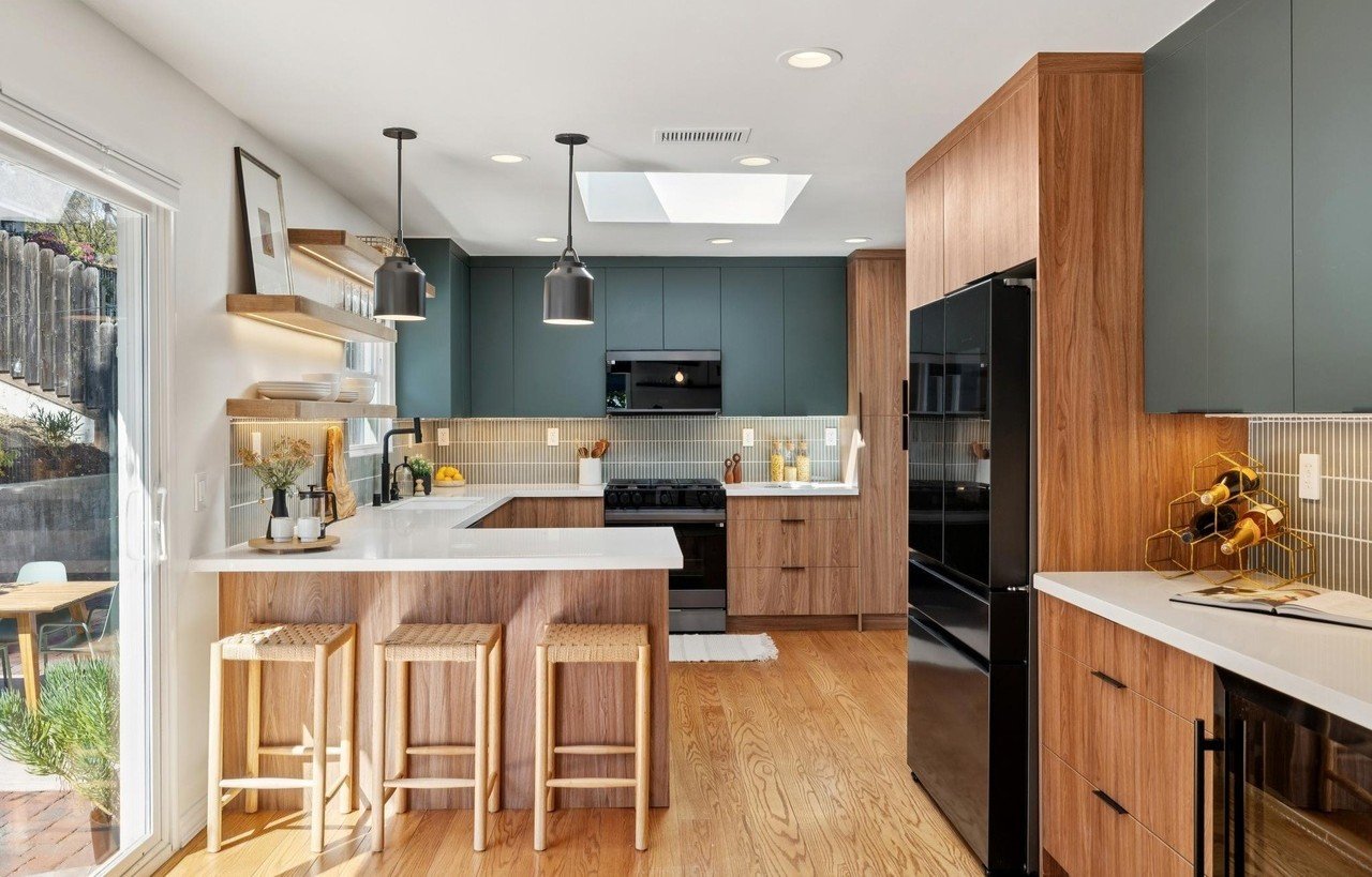 Sterling Drive kitchen with walnut and teal cabinetry