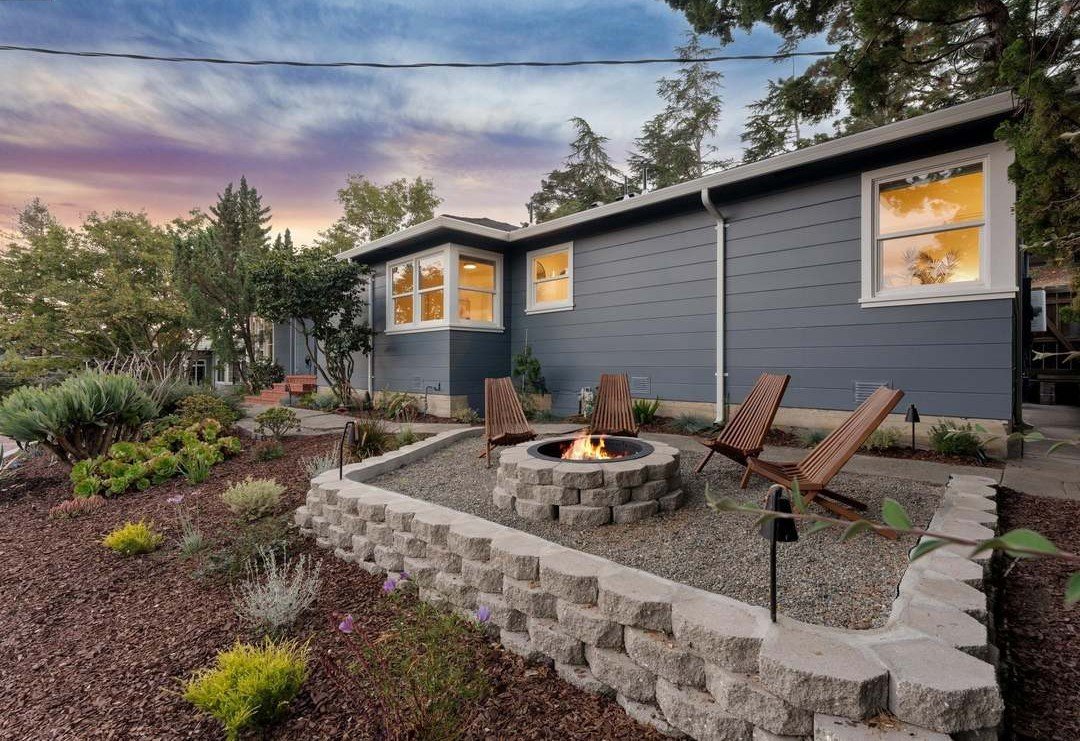 Sterling Drive front yard and fire pit at twilight