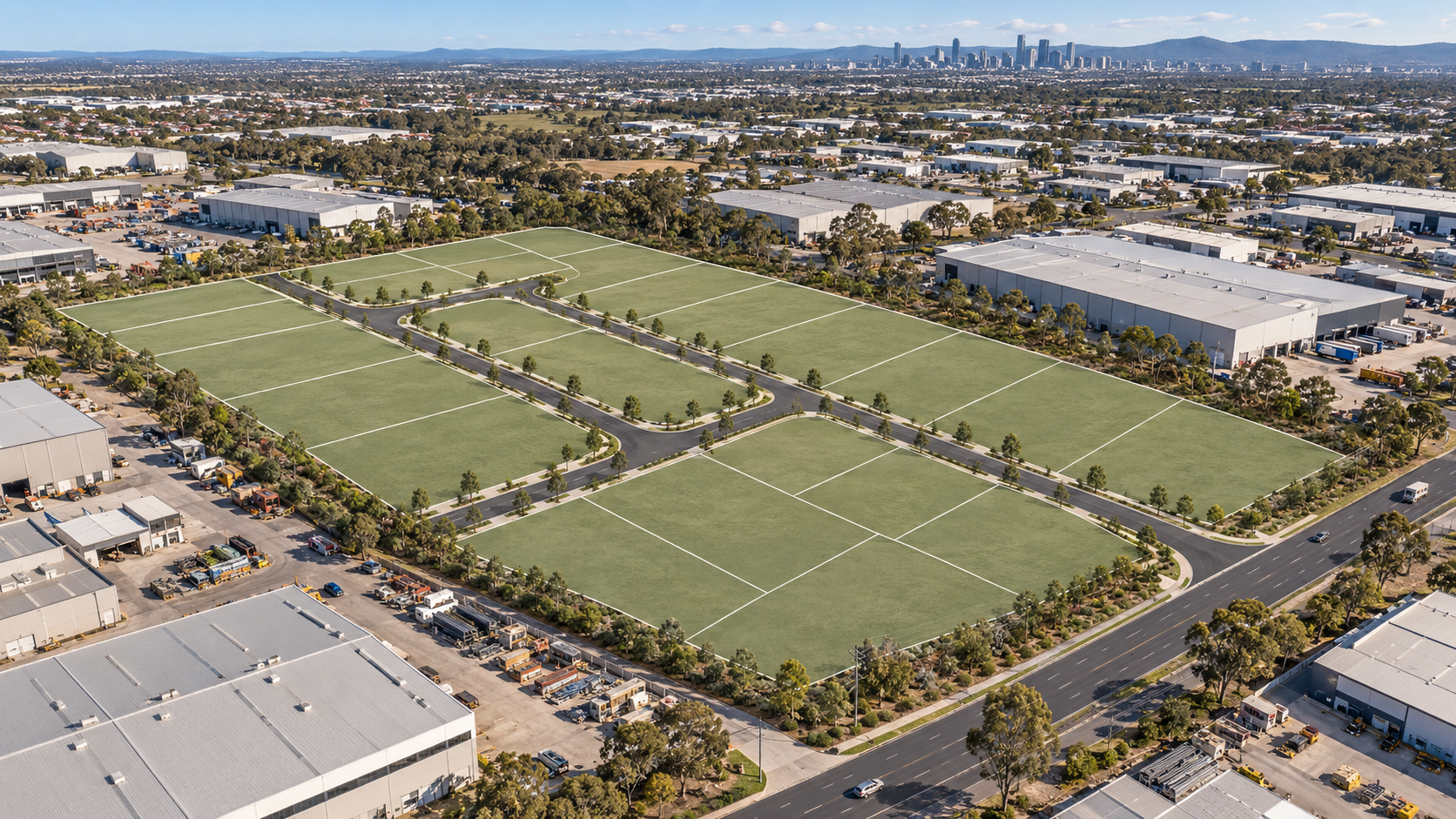Aerial view of an industrial land development