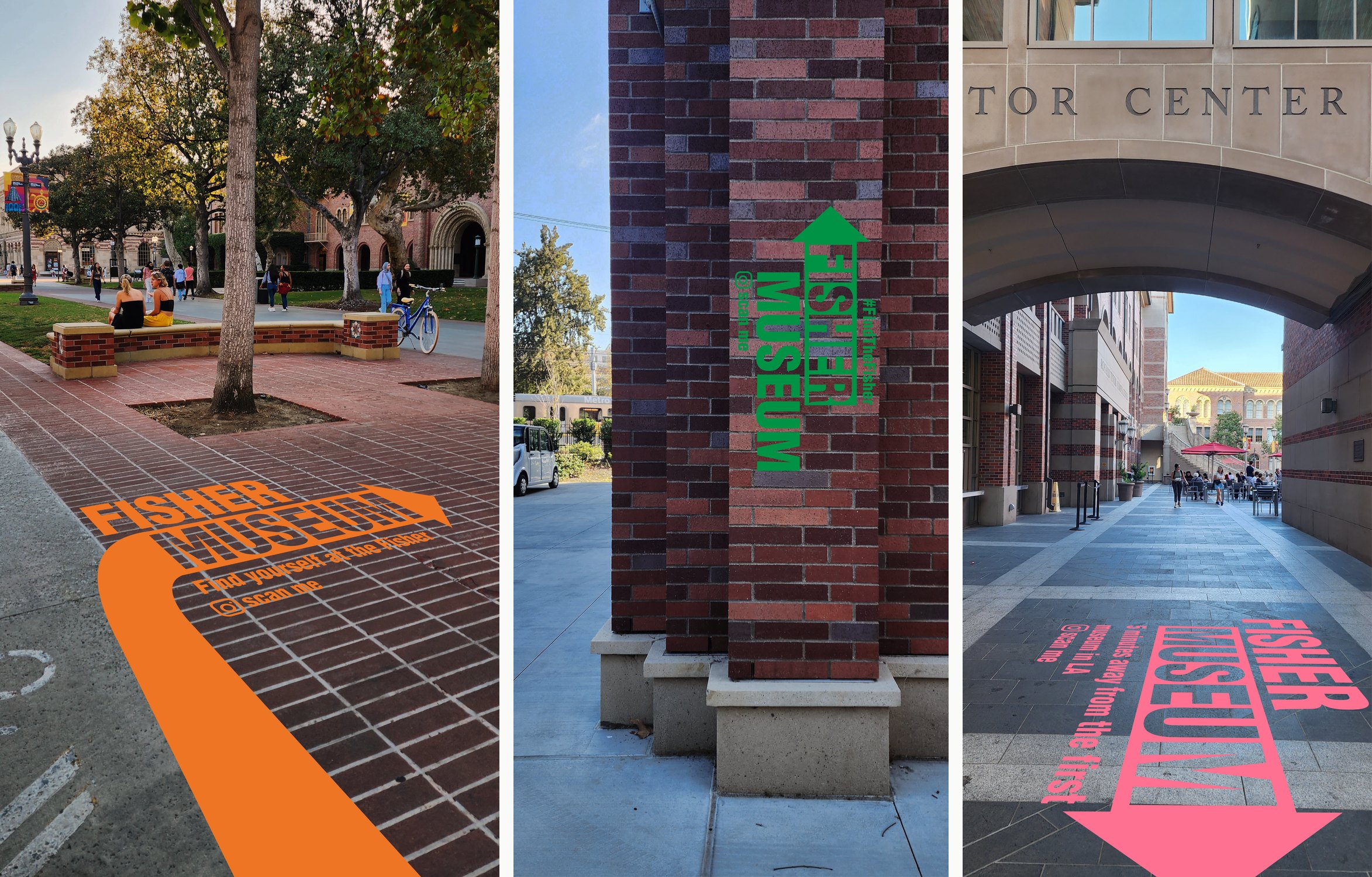 Wayfinding on a brick path, a column and an archway on campus