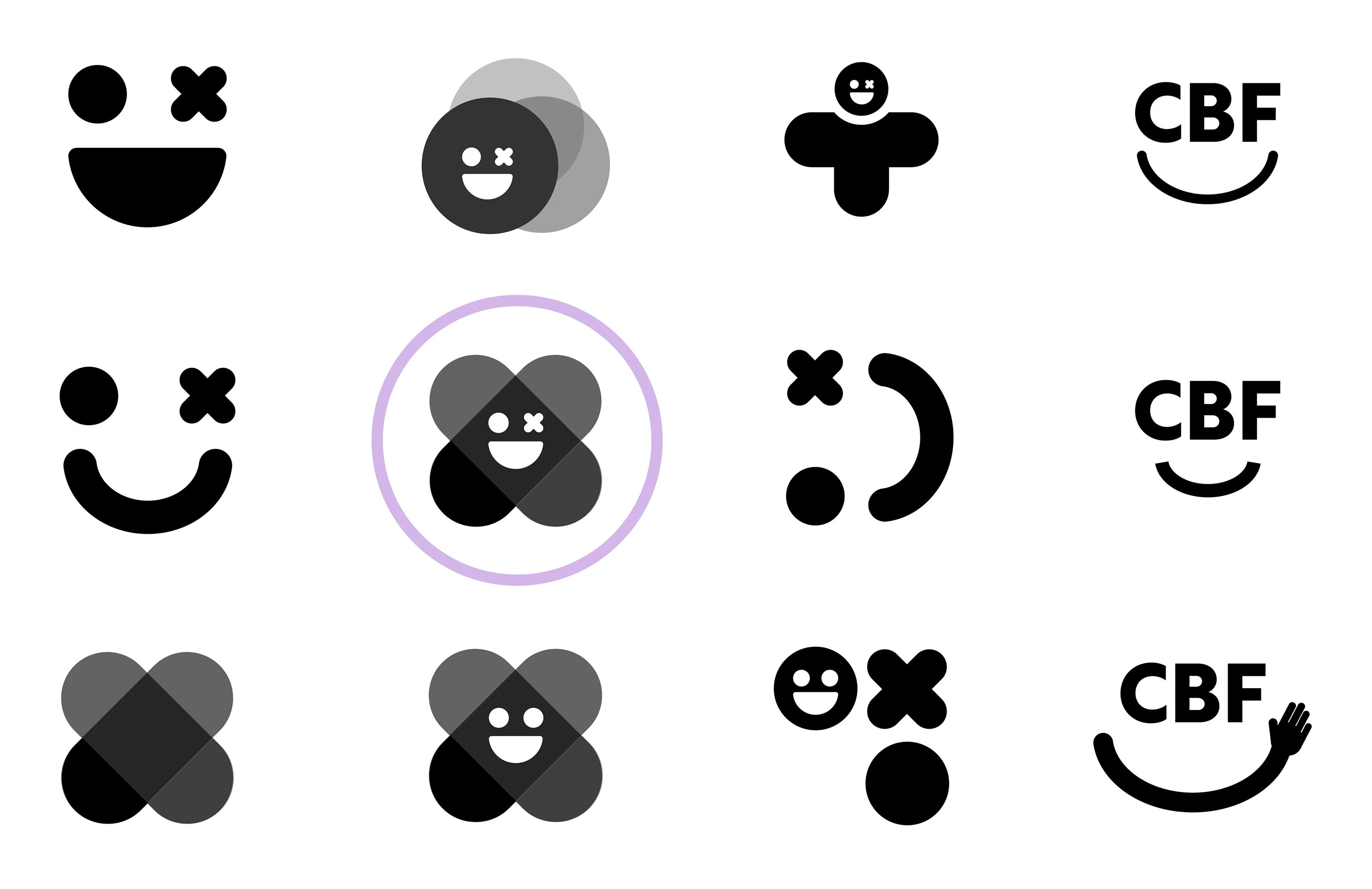 Logo development: twelve sketches with the chosen direction circled