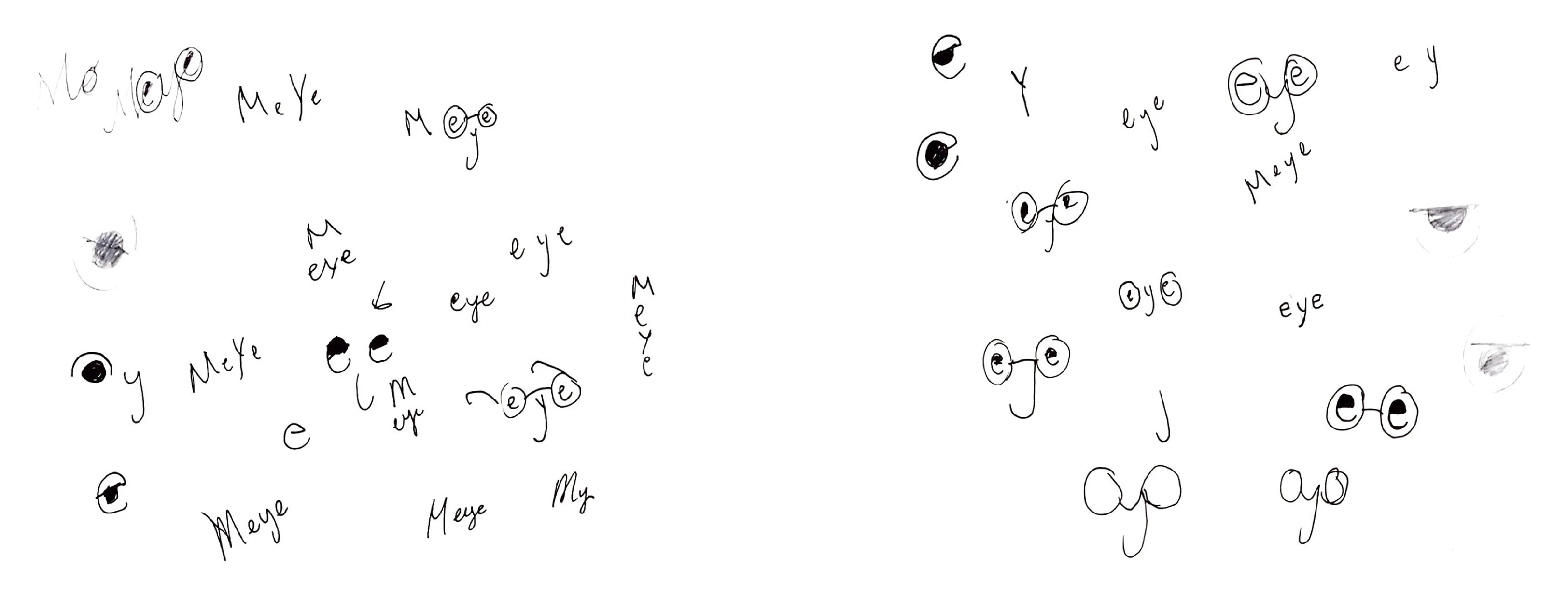 Ideation sketches of the Meye wordmark with eye and glasses forms