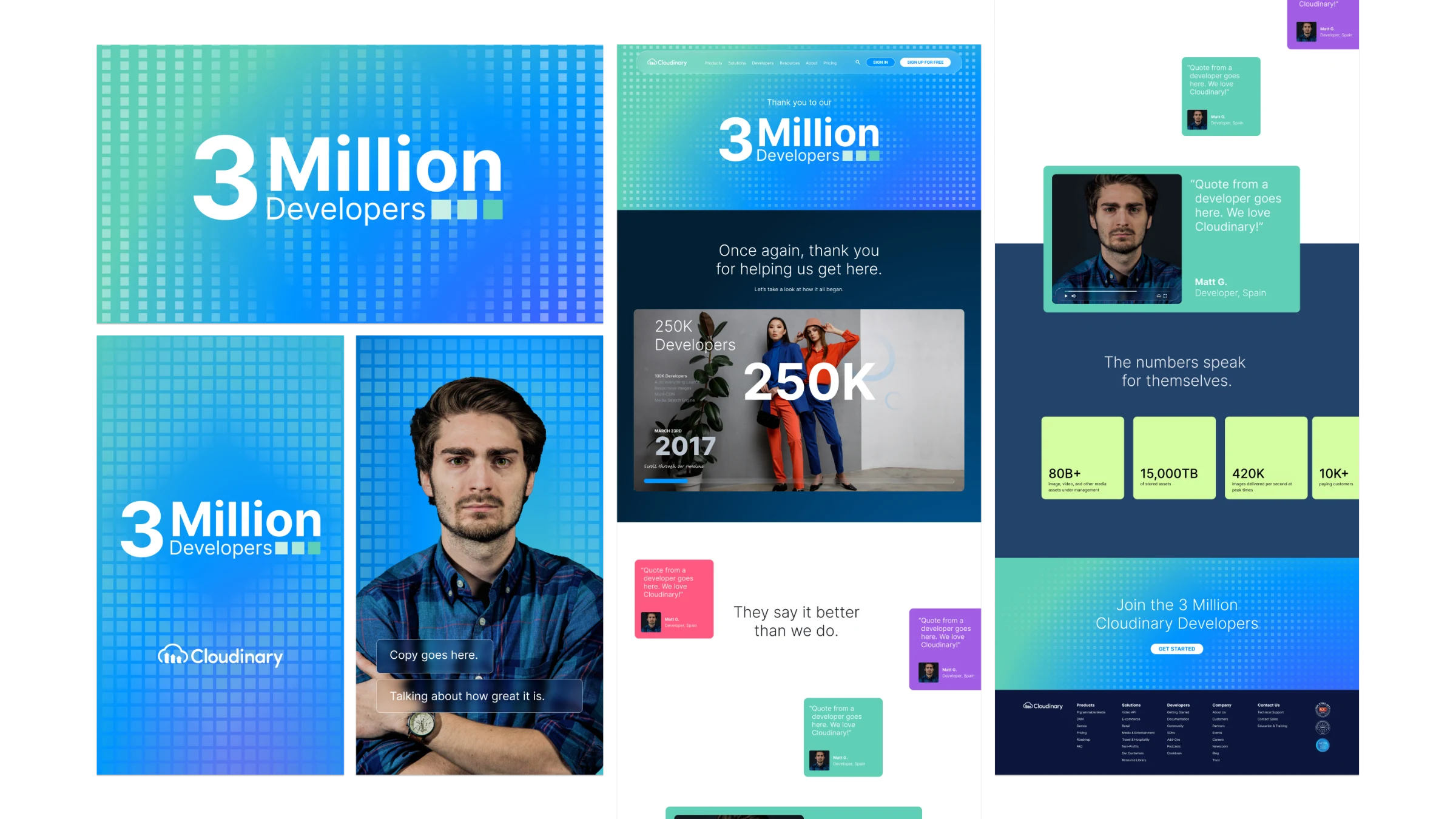 3 Million Developers campaign: gradient pixel key visual, social posts, reel frame and landing page