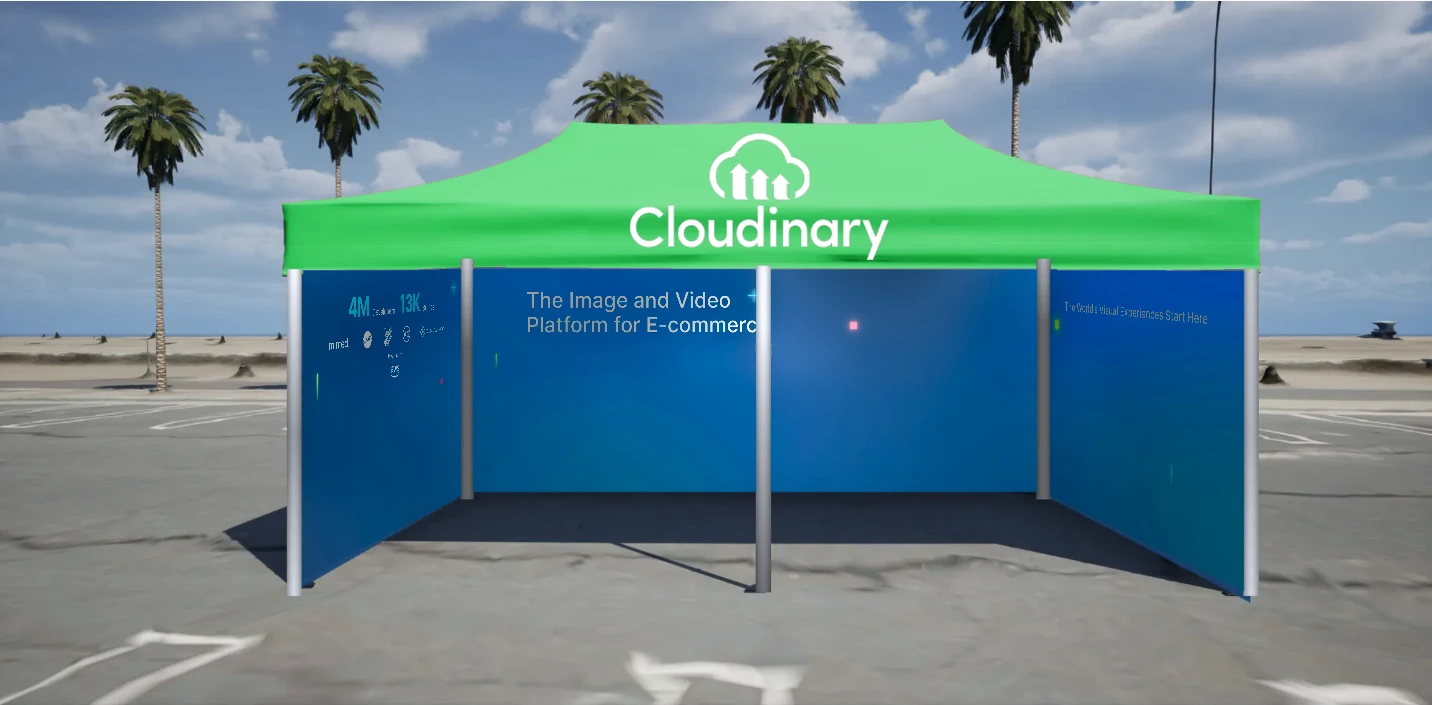 Tent mockup with the back and side wall graphics and a green Cloudinary canopy