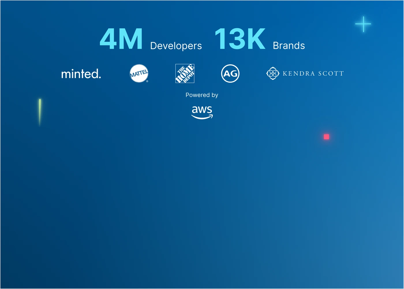 Side wall graphic: 4M developers, 13K brands and customer logos, powered by AWS