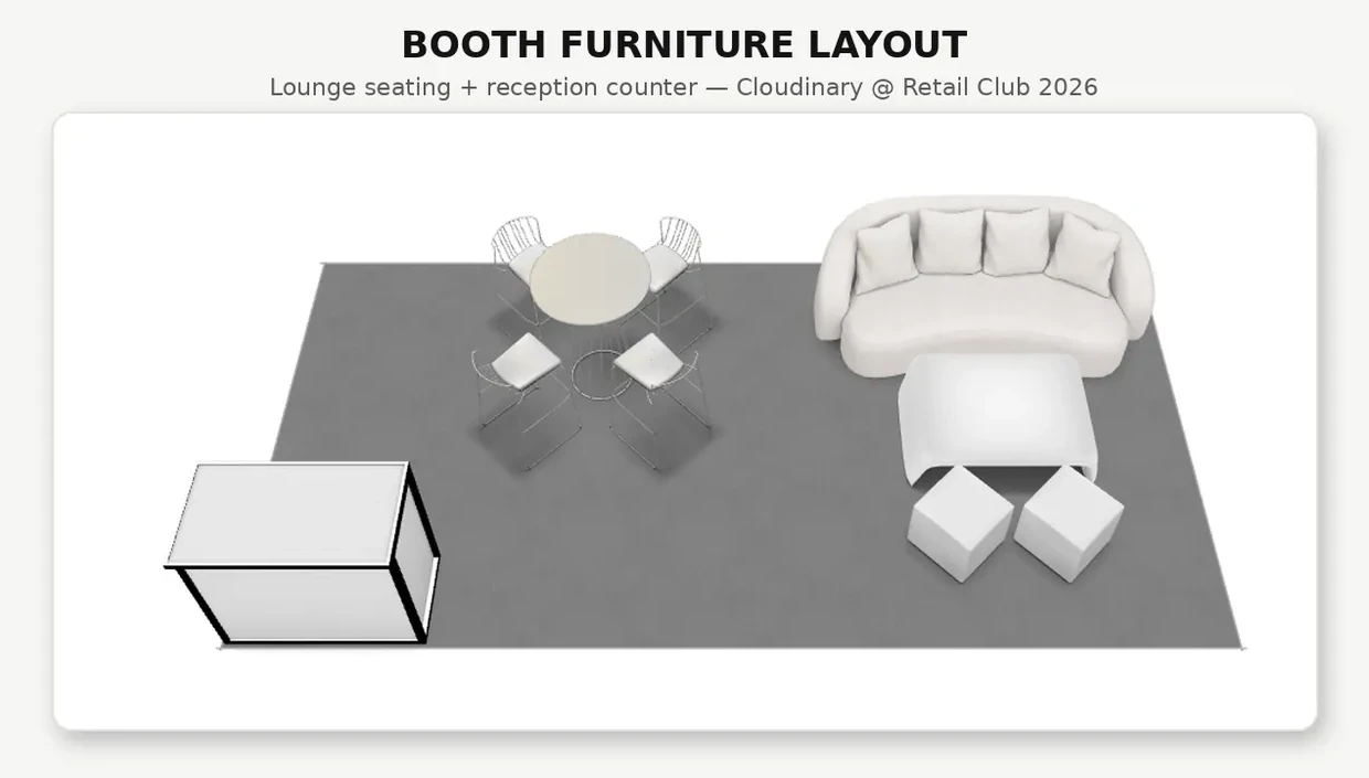 Booth furniture layout: lounge seating, high-top table and stools, and the reception counter