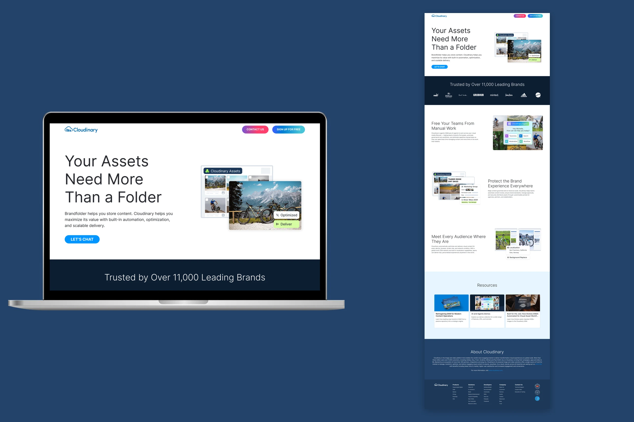 The Your Assets Need More Than a Folder landing page on a laptop, beside the full-length page