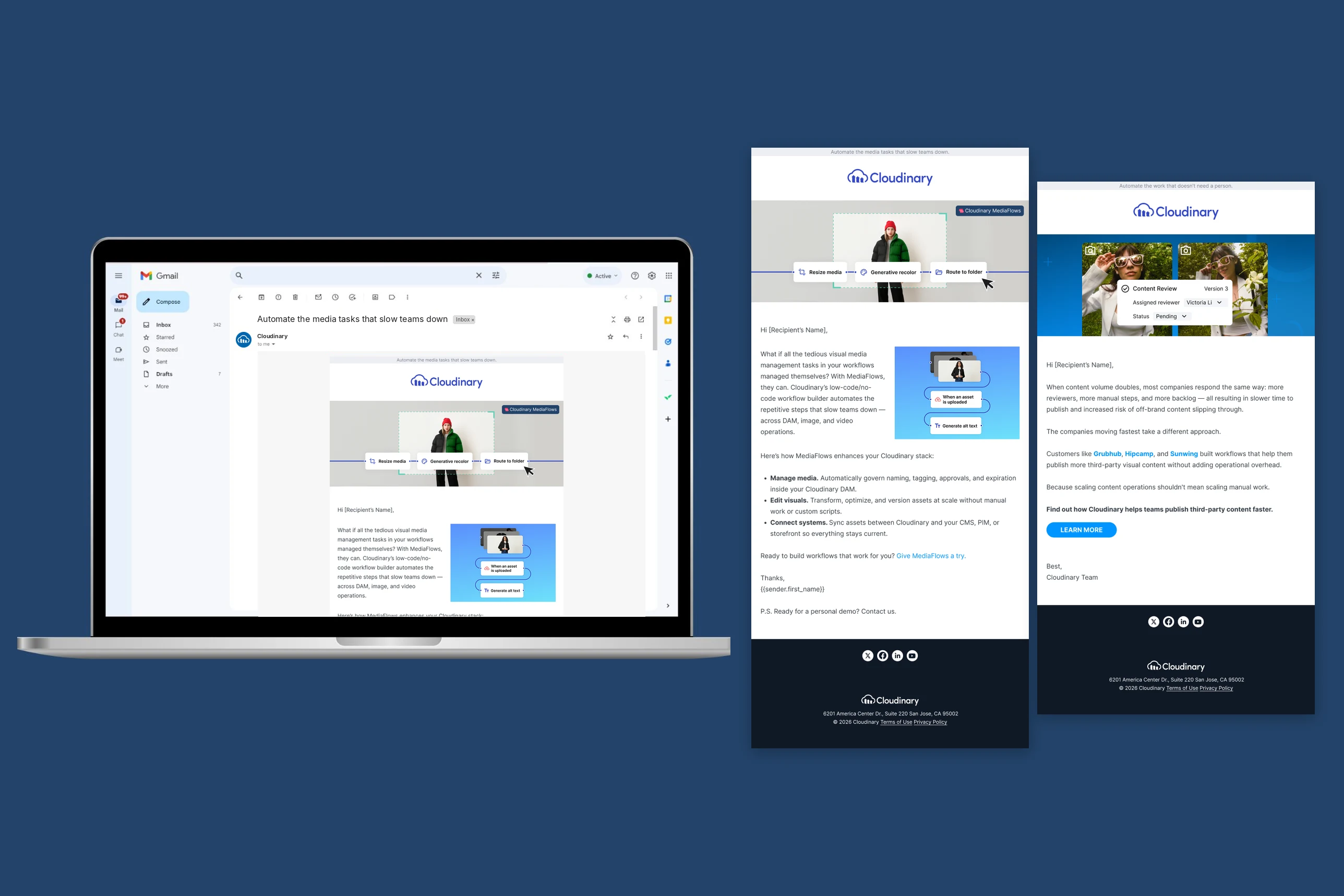 The MediaFlows email open in Gmail on a laptop, beside the full-length MediaFlows and content review emails