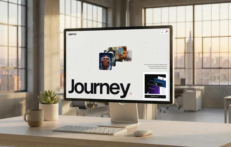 A desktop monitor on a light wooden desk in a bright loft office, showing the Journey website template, with a small succulent and a mug beside it.