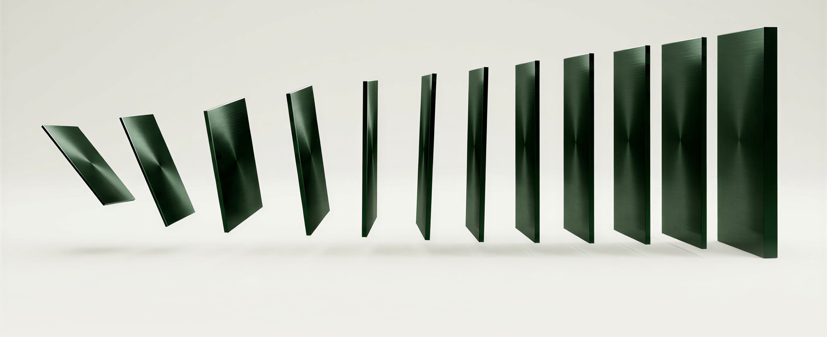 A row of floating green metal panels against a pale background, tilted at an angle on the left and gradually rotating upright and growing larger towards the right.