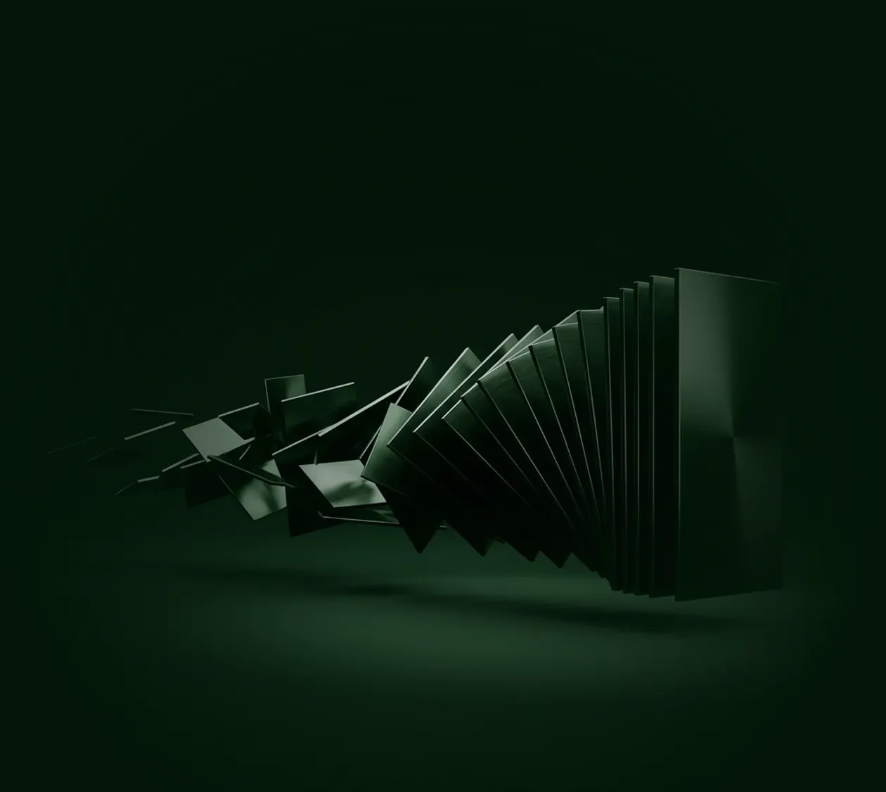 Scattered green panels on the left fan into an orderly row that ends in a single upright panel on the right, set against a dark green background.