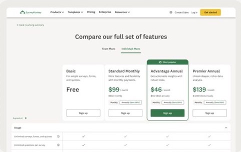SurveyMonkey plans and pricing on the Catalyst system