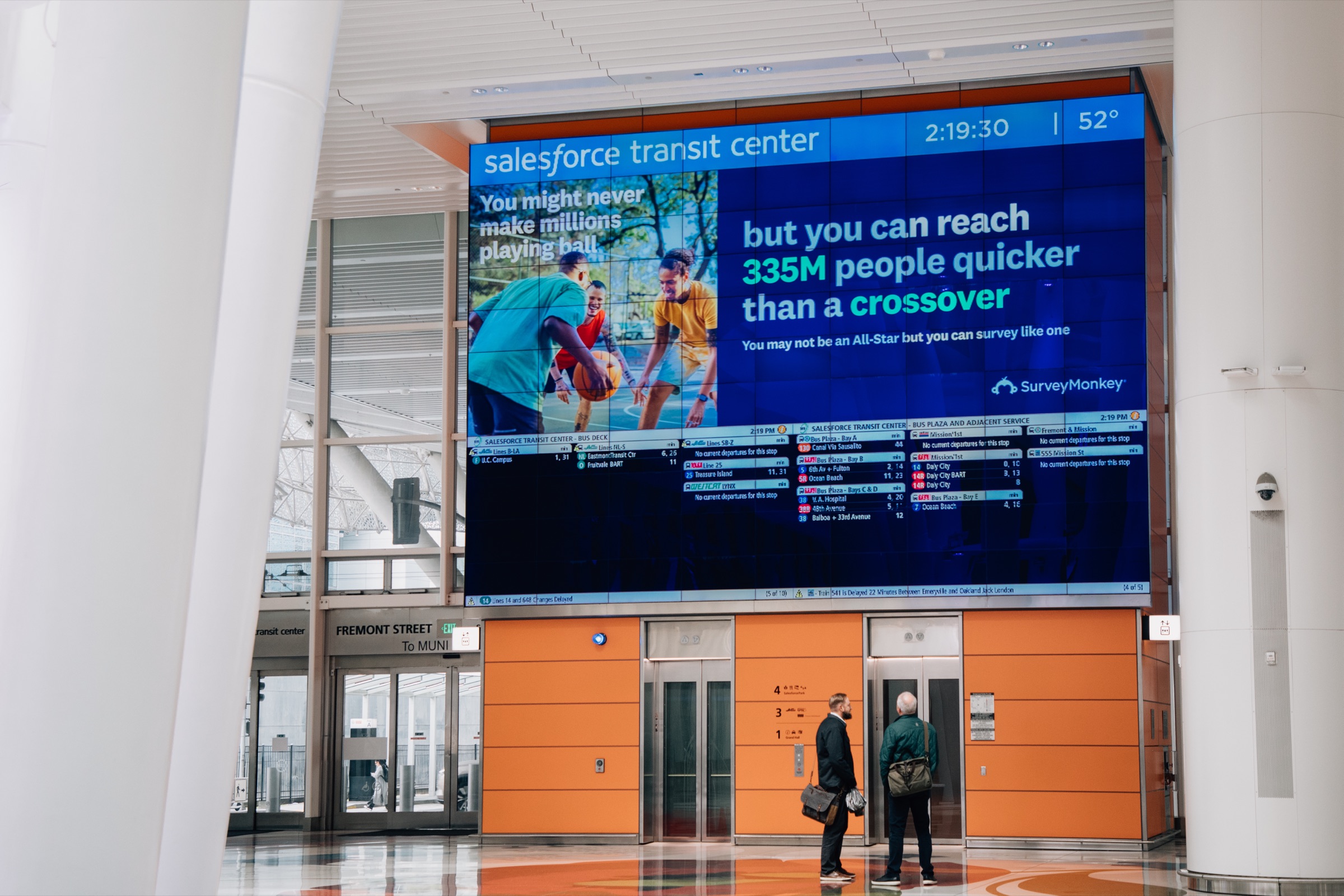 SurveyMonkey ad on the large screen inside the Salesforce Transit Center