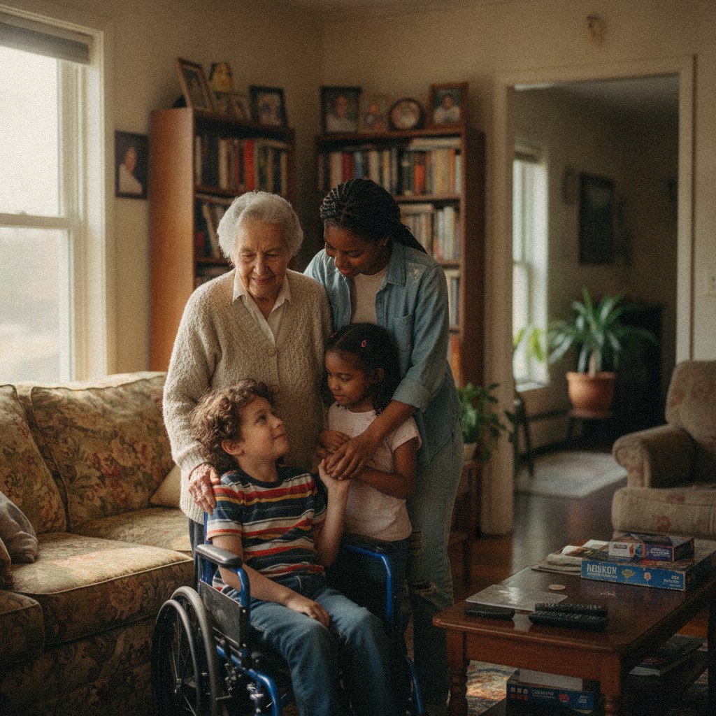 A multigenerational family at home, including a child who uses a wheelchair