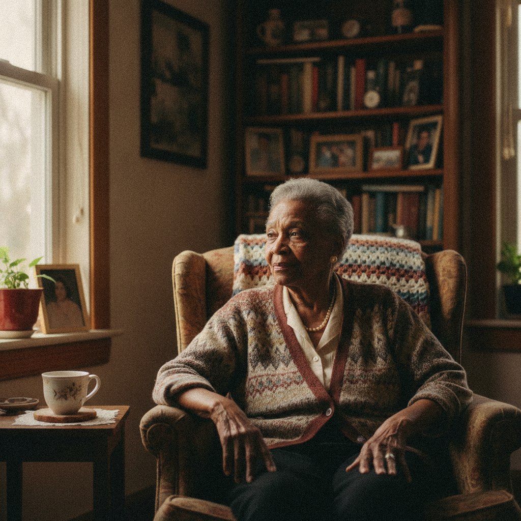 A dignified older American by a window