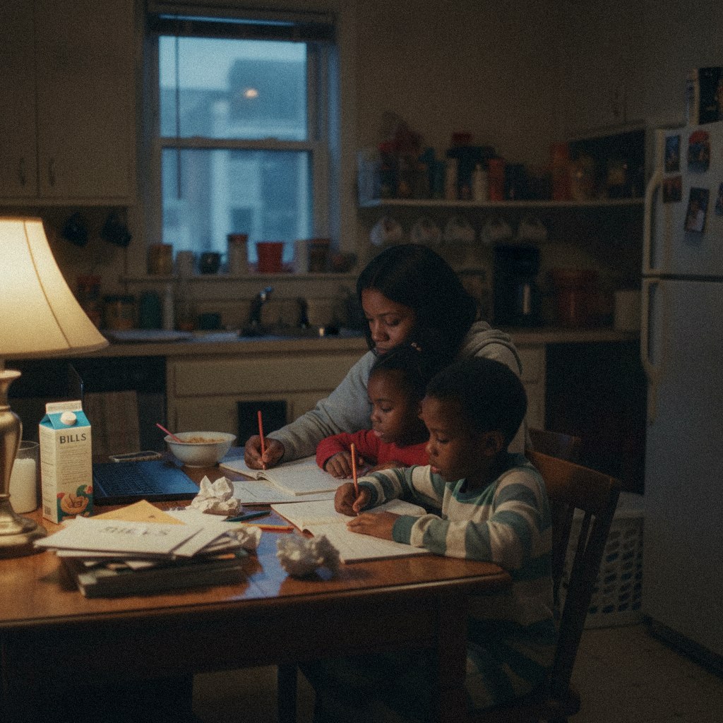 A single mother with her children at home