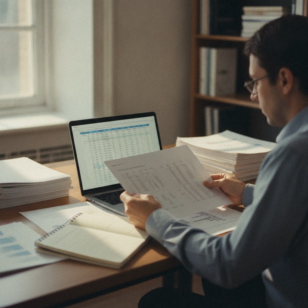 A researcher reviewing reports and data